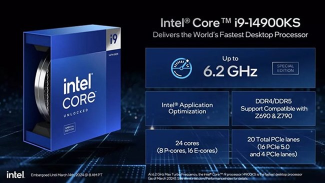 اینتل سریع‌ترین پردازنده دسکتاپ دنیا به نام Core i9-14900KS را وارد بازار کرد. این پردازنده به‌طور پیش‌فرض حداکثر فرکانس ۶.۲ گیگاهرتز را در اختیار کاربران قرار می‌دهد که ۲۰۰ مگاهرتز از نسل قبلی‌اش بالاتر است.